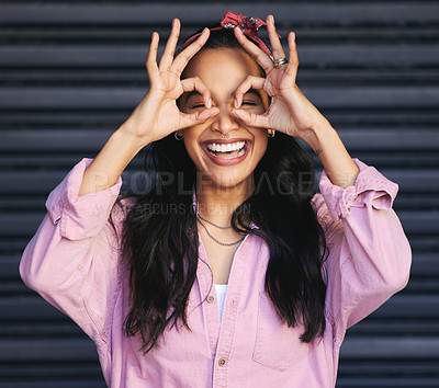 Buy stock photo Excited, smile and woman with hands for okay sign, urban fashion and laugh at garage door. Happiness, gen z female person and streetwear with perfect gesture, confident and emoji on dark background