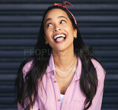 Buy stock photo Girl, goofy and tongue out with smile, funny reaction and fashion style with emoji expression. Silly face, female person and comic with casual outfit, cool and trendy with jewelry and headband
