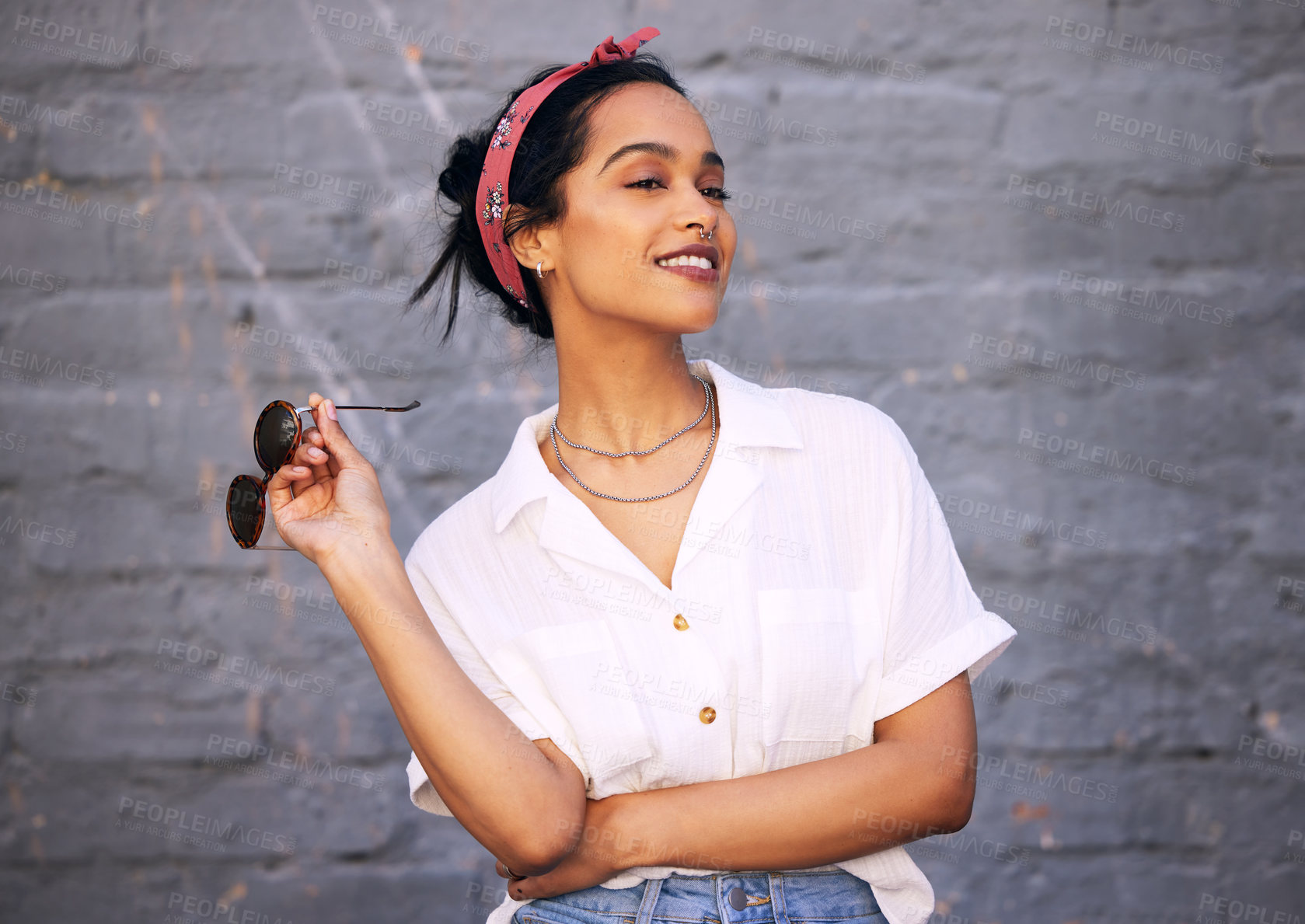 Buy stock photo Fashion, smile and Indian woman with ideas, thinking and confident lady against grey wall with sunglasses. Female person, ideas and happy girl with eyewear, casual outfit or streetwear with happiness