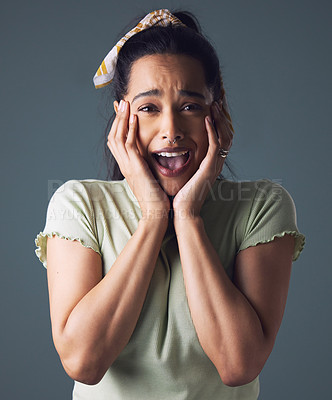 Buy stock photo Scared, fear and portrait of woman in studio with anxiety for bad news, trauma and panic attack. Female person, emoji gesture and hands on face for announcement, stress and ptsd on grey background