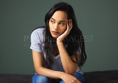 Buy stock photo Stress, girl or thinking of depression in studio for burnout or mistake with fear, grief or mental health crisis. Frustrated, hair or sad woman worried by bad news or loss isolated on grey background