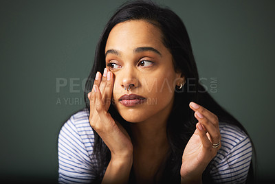 Buy stock photo Crying, sad woman or thinking of depression in studio for burnout, trauma or mistake with fear, grief or tears. Frustrated, anxiety or girl worried by bad news or loss isolated on grey background