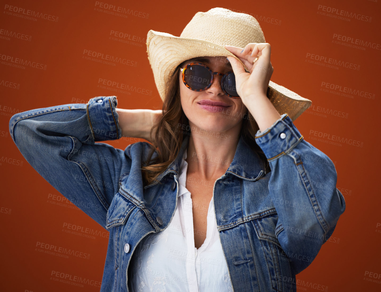 Buy stock photo Woman, hat and studio with portrait in sunglasses for fashion, trendy and outfit with style for inspiration. Background, denim and cool with glamour for self esteem with confidence for pride.