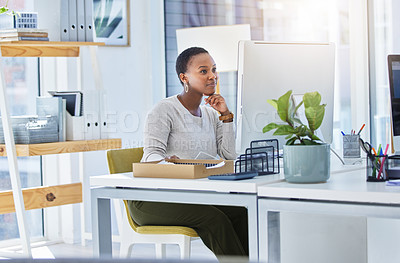 Buy stock photo Desktop, smile and black woman in office for creative research with copywriting project. Technology, happy and professional African female writer typing email for content on computer in workplace.