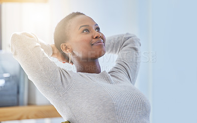Buy stock photo African female designer, relax and smile in office for creative career projects, complete and workplace tasks for company. Profession, calm and satisfied for productivity on break with sun flare