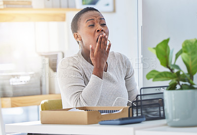 Buy stock photo Bored, yawn and black woman in office reading creative research on computer for sleeping. Exhausted, burnout and tired African female copywriter working on desktop for project in startup workplace.