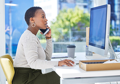 Buy stock photo Business, phone call and black woman at desk, computer and communication with conversation, planning and consultant. African person, office and employee with cellphone, contact and speaking with app