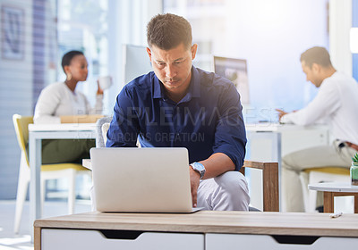 Buy stock photo Work, thinking and businessman with laptop in office for online research, brand management and planning. Person, job and manager with tech in workspace for digital campaign, networking and feedback
