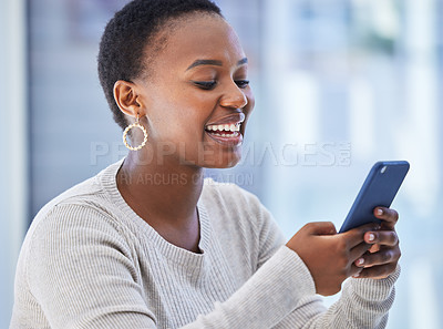 Buy stock photo Cellphone, smile and typing and black woman, social media and scrolling for entertainment. Technology, communication and laugh or meme brand designer, comedy or distraction for employee on smartphone