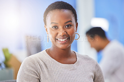 Buy stock photo African woman, portrait and creative office for web design, startup and affirmative action. Happy designer, employee and small business for website, workplace and worker growth with proud confidence
