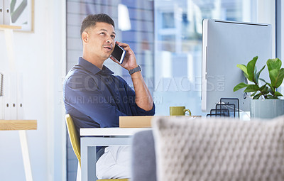Buy stock photo Phone call, businessman and networking in office for project idea, planning and startup company. Male consultant, mobile and communication in office for agenda, guidance and professional advice