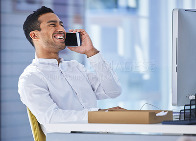 Buy stock photo Business, phone call and man at desk, communication and connection with conversation, talking and public relations. Happy person, funny or employee with smartphone, contact and speaking with schedule