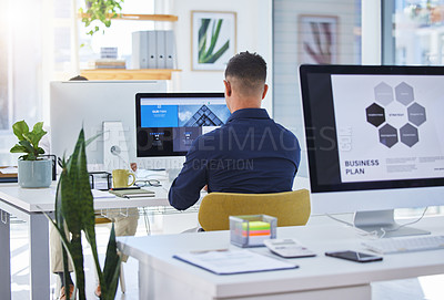 Buy stock photo About us, computer and employee working on SEO and proposal on a pc screen or desktop for business growth. Company, monitor and man corporate worker typing and planning a strategy for a startup