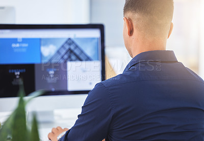 Buy stock photo About us, computer screen and businessman typing a SEO proposal on a pc or desktop for business growth. Company, monitor and man corporate worker working and planning a strategy for a startup