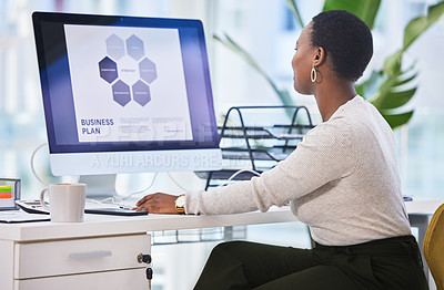 Buy stock photo Black woman, computer screen and business plan for digital marketing project, presentation or PPT with productivity at desk. Professional, creative career and graphic design proposal at startup