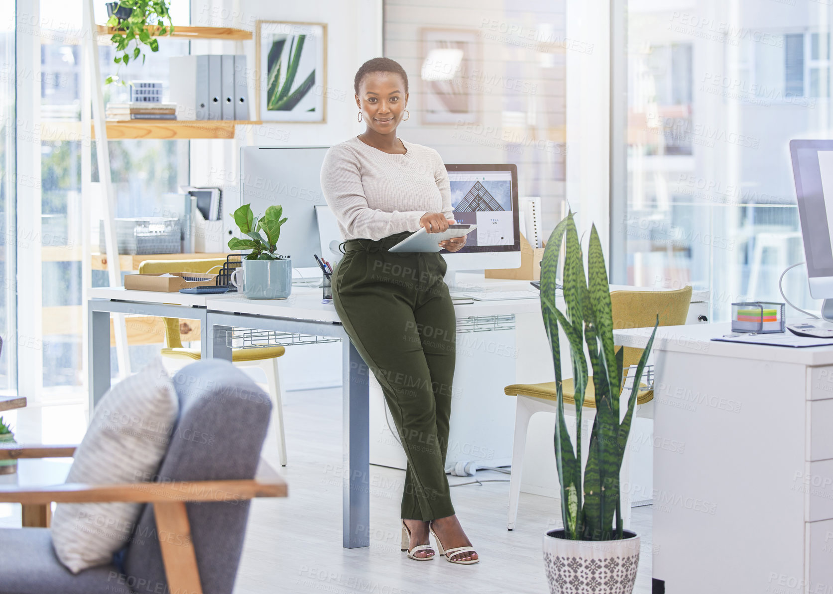 Buy stock photo Work, tablet and portrait of black woman in office for online research, equity campaign and planning. Person, job and  advocate with tech in workspace for digital networking, project and feedback