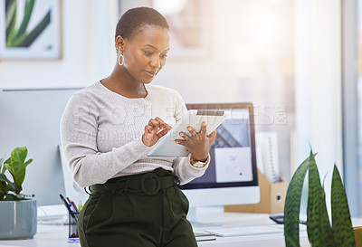 Buy stock photo Woman, tablet and social media manager check daily insight for post, digital marketing and creativity. Communication, tech to organize website ads on app and update content online at African startup