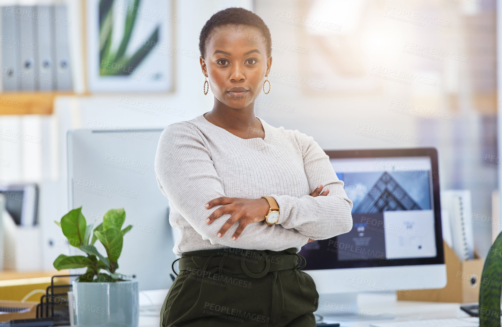 Buy stock photo Corporate, portrait and black woman with arms crossed in office for confidence, career pride or ambition. Lens flare, serious and female admin clerk for professional, determination or company goal