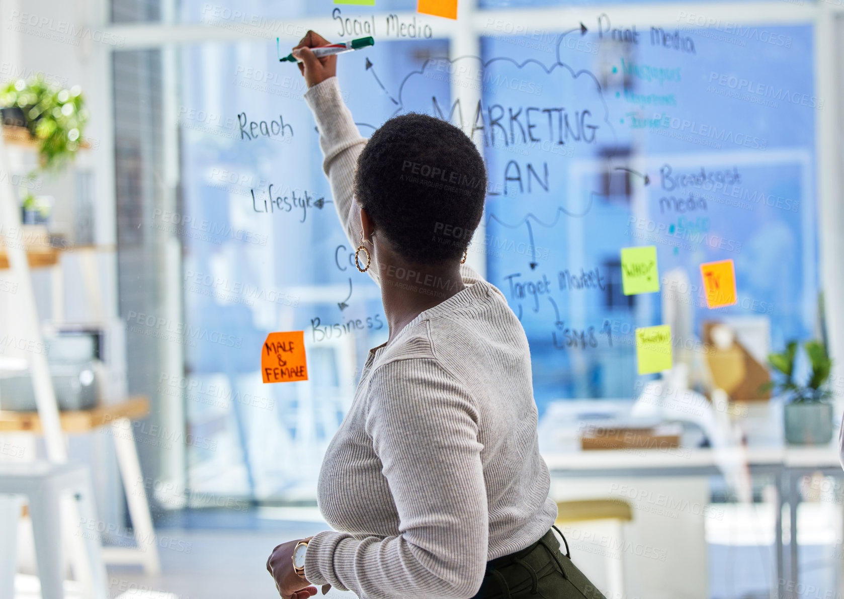Buy stock photo Black woman, glass and writing ideas for brainstorming with sticky note, storyboard with marketing plan at startup. Research, information and project timeline with agenda and product promo strategy