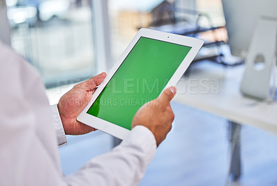 Buy stock photo Green screen, tablet and hands of businessman in office with mockup for planning, research or b2b networking. Contact us, space and digital agency app for online, consulting or sign up information
