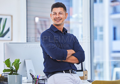 Buy stock photo Portrait, happy and business man with arms crossed in office for career and job at workplace in Brazil. Pride, professional and smile of confident entrepreneur, employee and broker working in company