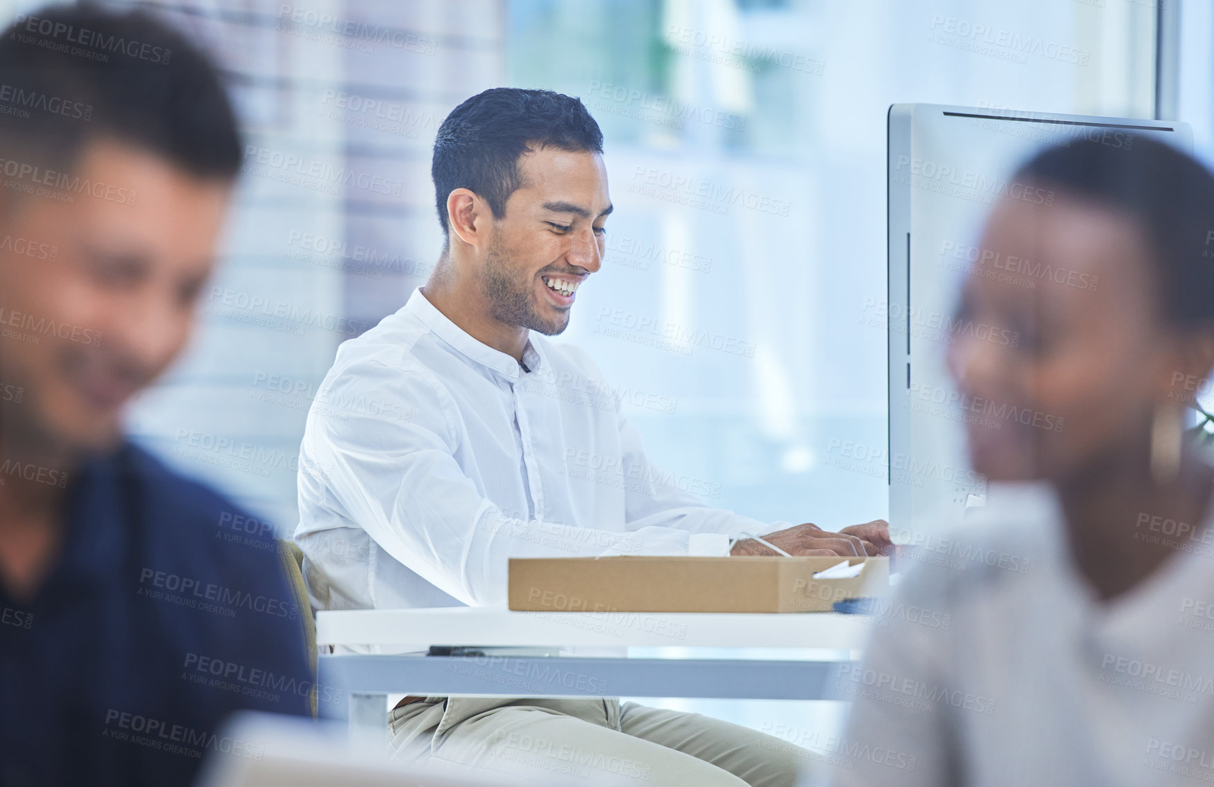 Buy stock photo Happy, business and man with computer in office, typing and keyboard, email or programming as software engineer. Smile, male Mexican and pc, website or research with digital update as IT for company