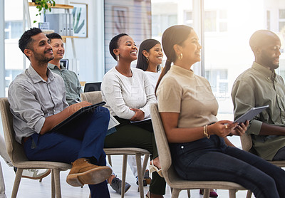 Buy stock photo Shot of a group meeting at work in a modern office