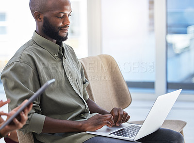 Buy stock photo Laptop, typing and businessman waiting in office editing cv for job interview or hiring meeting. Technology, line and African male candidate prepare on internet for recruitment discussion on computer