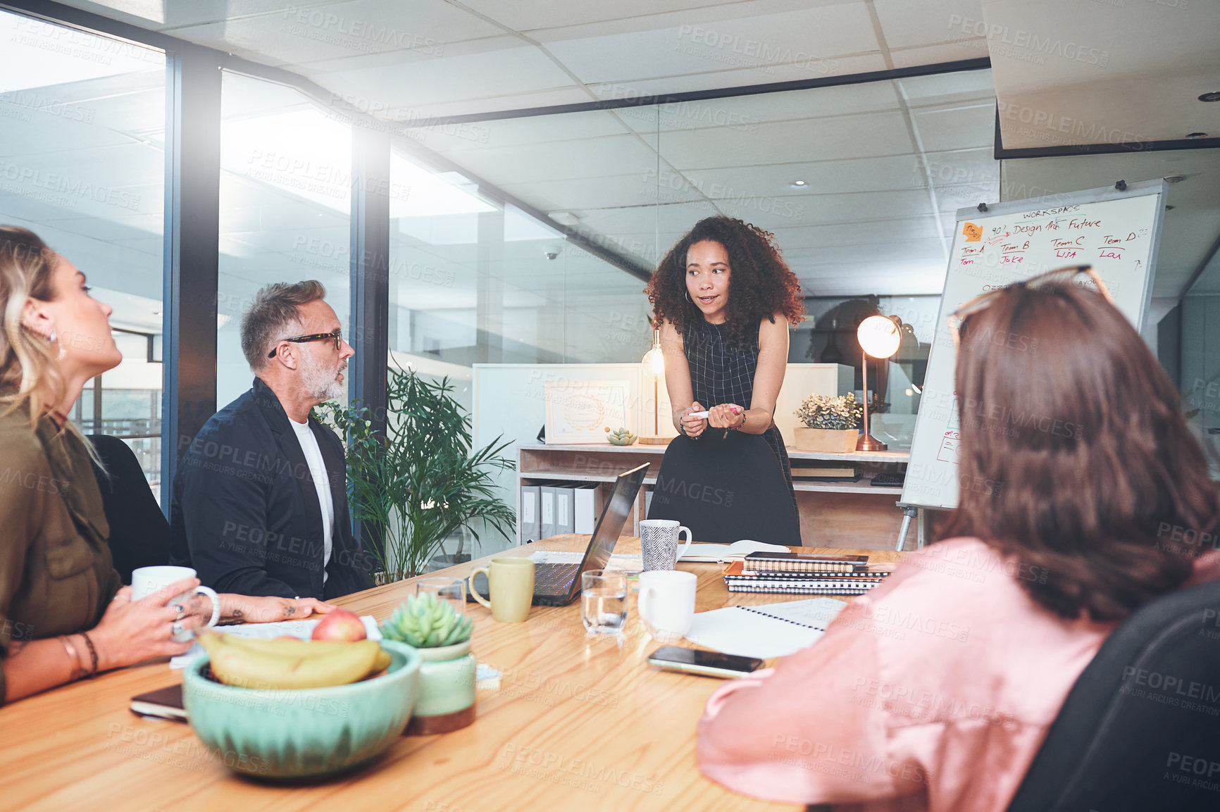 Buy stock photo Presentation, investor and woman in meeting, listening and planning for investment deal. Business people, employees and professional with teamwork, feedback and conversation for trading portfolio