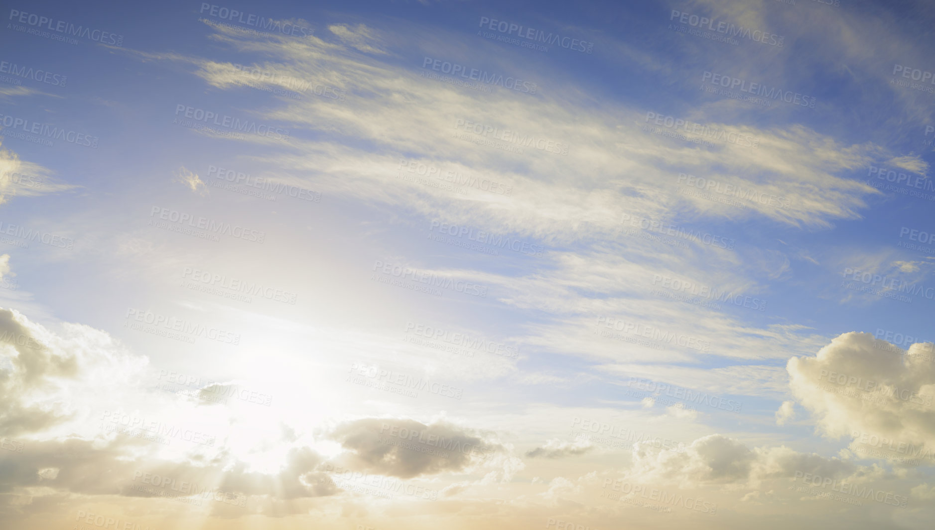 Buy stock photo Beautiful landscape view of a cloudy blue sky in summer with copy space. Natural background of fluffy cumulus clouds with copy space. Atmosphere and climate on a sunny spring day
