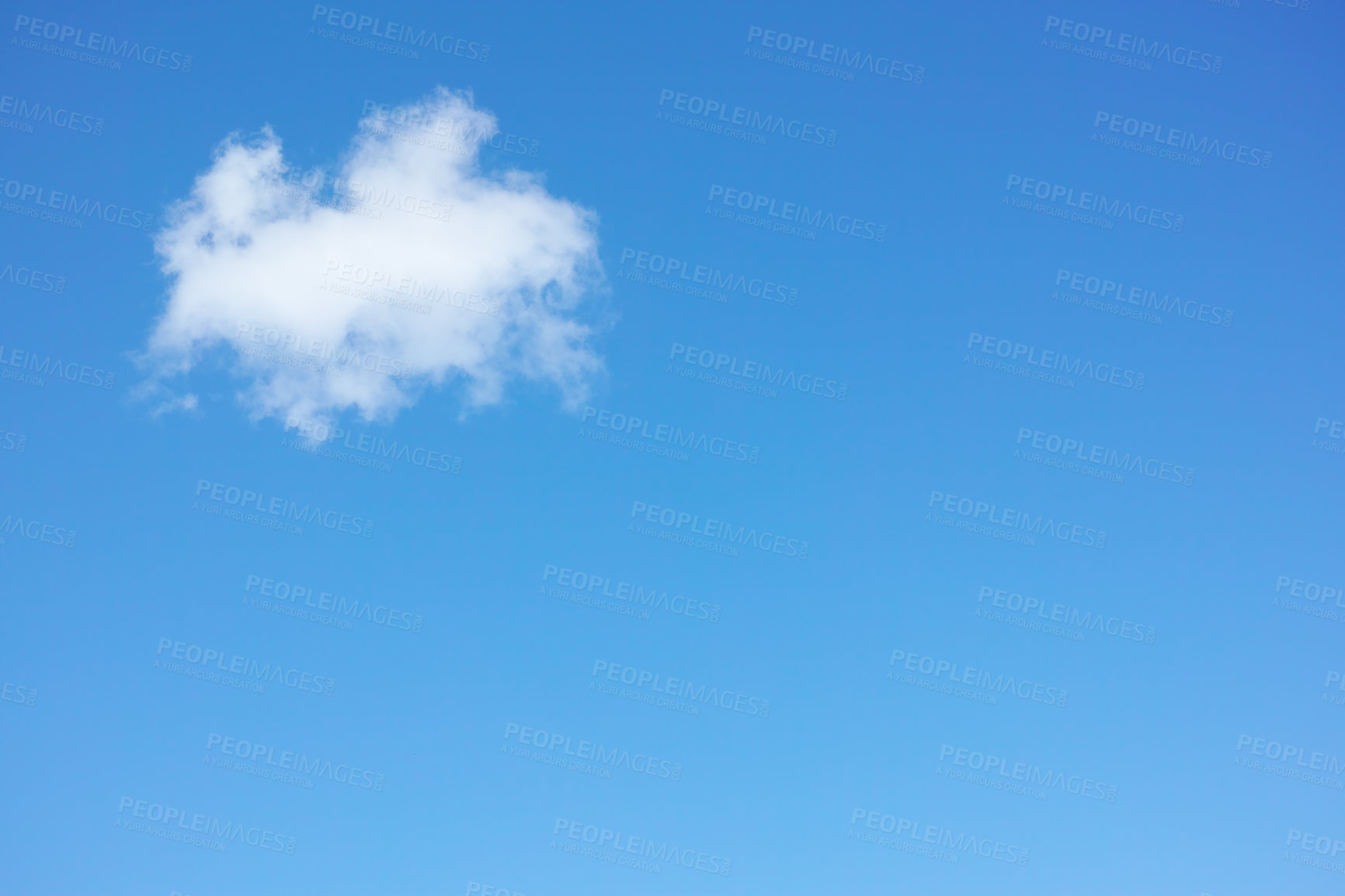 Buy stock photo Copy space with cumulus clouds in a clear blue sky from below. Beautiful panoramic of fluffy white cloudscape background for cool climate and season of sunny weather in the atmosphere outdoors 