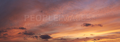 Buy stock photo Copy space of clouds in a moody sky at twilight. Scenic panoramic and banner of a dramatic cloudscape and thunderous background at sunrise or sunset. Climate of gloomy dark weather at dawn outdoors