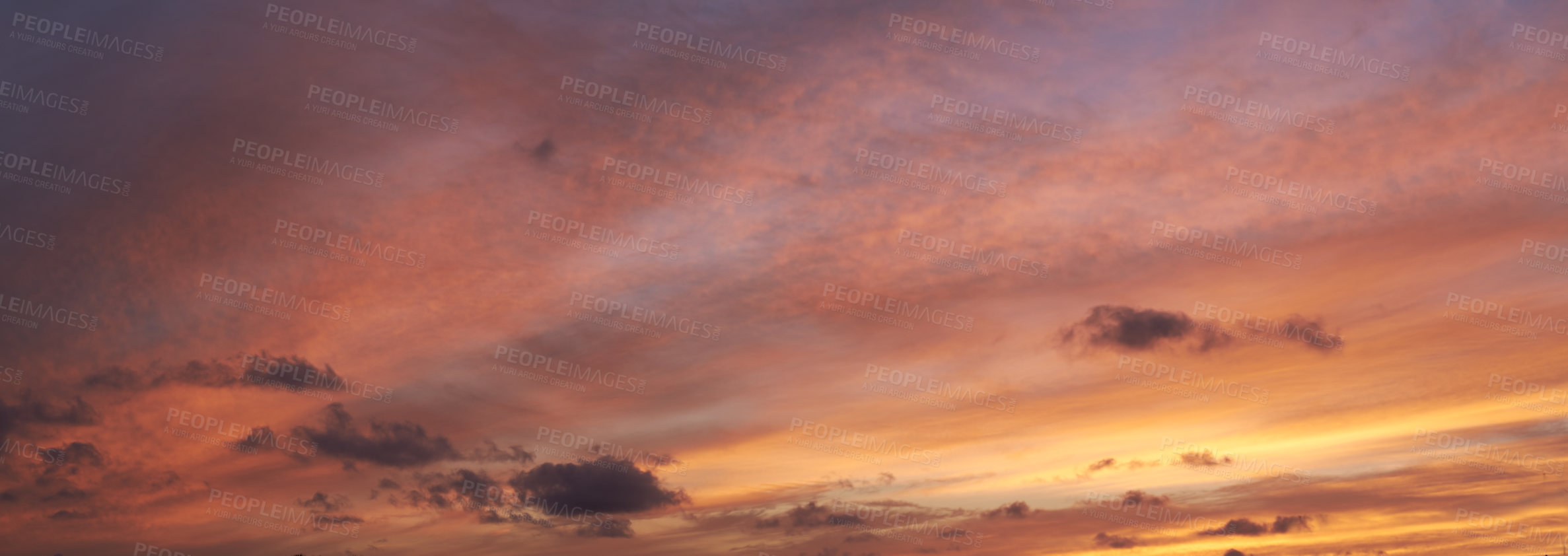 Buy stock photo Copy space of clouds in a moody sky at twilight. Scenic panoramic and banner of a dramatic cloudscape and thunderous background at sunrise or sunset. Climate of gloomy dark weather at dawn outdoors