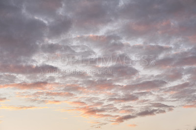 Buy stock photo Copy space of altocumulus clouds in a moody sky at twilight. Scenic panoramic of a dramatic cloudscape and thunderous background at sunrise or sunset. Climate of gloomy dark weather at dawn outdoors