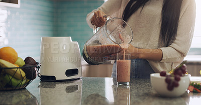 Buy stock photo Smoothie, kitchen and hands with blender, wellness and breakfast in morning, detox and diet in house. Home, table and milkshake for person, healthy and nutrition for energy, drink and protein