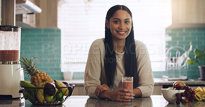 Buy stock photo Portrait, woman and morning with milkshake, smile, kitchen and healthy for wellness, energy and vitamin c. Nutrition, person and home for breakfast, house and detox for weight loss, diet and protein