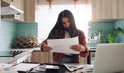 Buy stock photo Woman stress, phone call and remote work paperwork in a home kitchen with worker and burnout. Working, anxiety and mobile talk of a female person doing freelancer planning for business analyst job