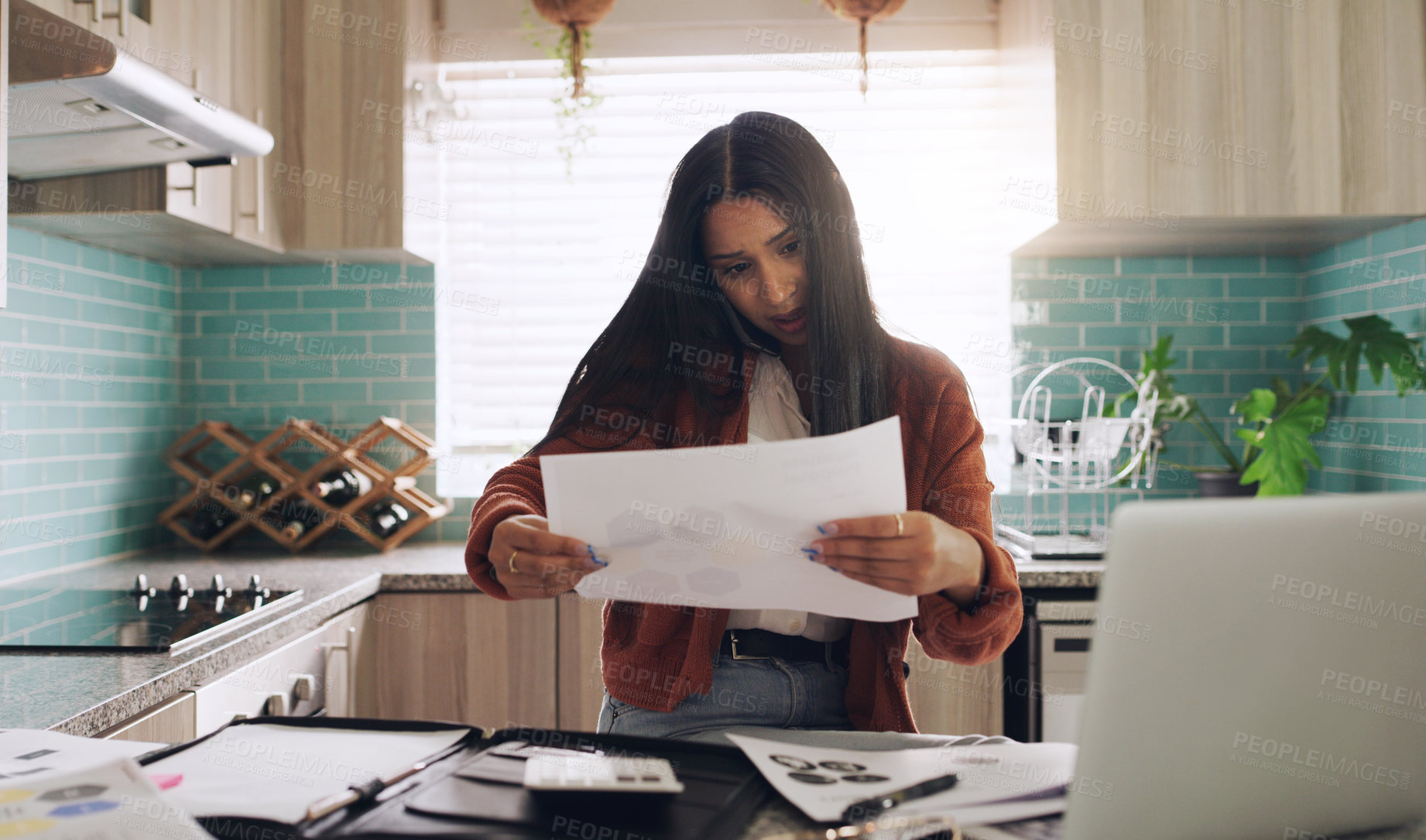 Buy stock photo Woman stress, phone call and remote work paperwork in a home kitchen with worker and burnout. Working, anxiety and mobile talk of a female person doing freelancer planning for business analyst job