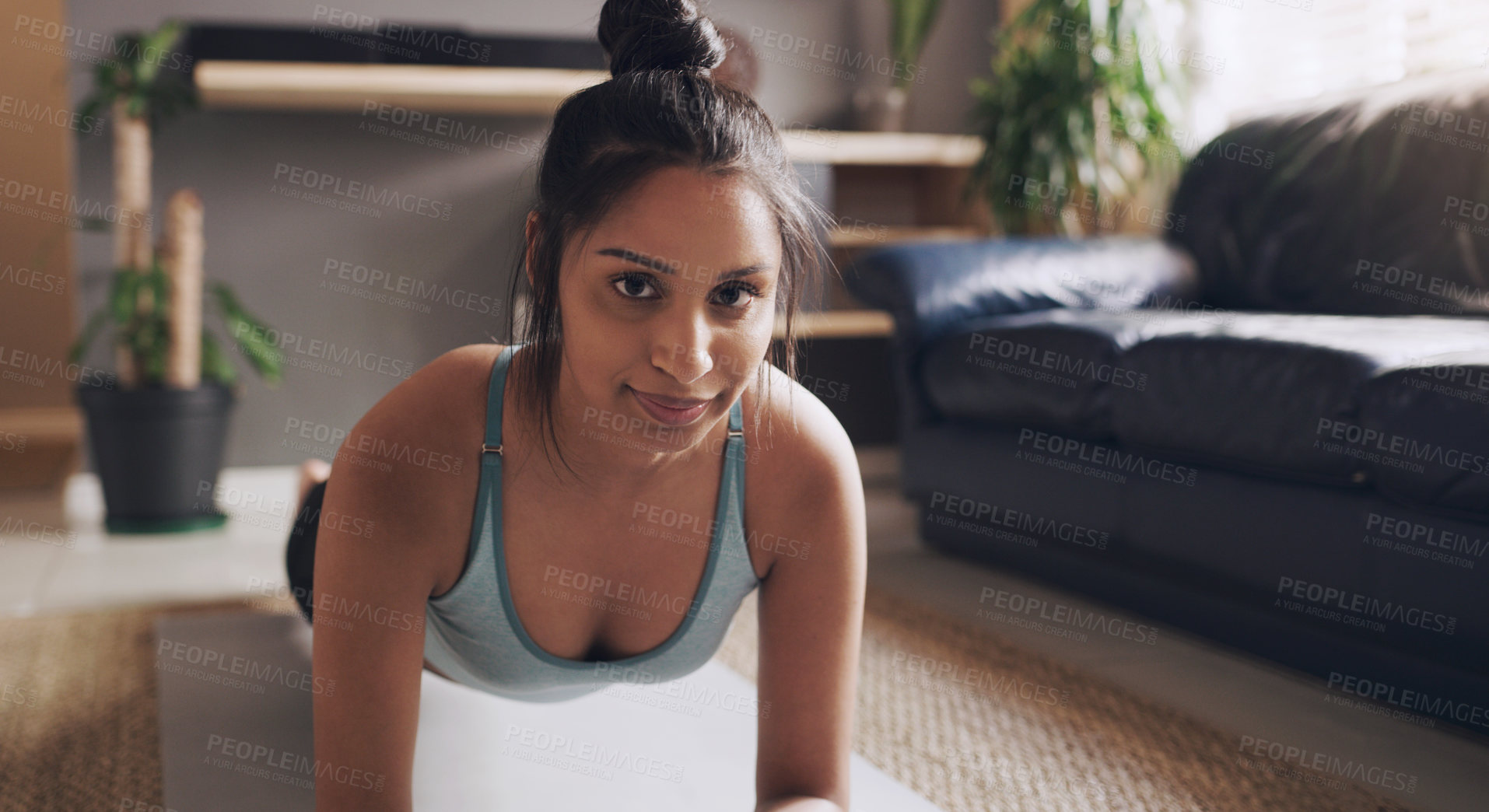 Buy stock photo Fitness, portrait and Indian woman with plank exercise on floor for health, cardio or training in her home. Pilates, face and female person with push up in a living room for workout, balance or sport