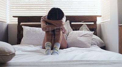 Buy stock photo Depression, crying and woman in a bed with stress, insomnia or mental health problem in her home. Anxiety, fear and sad female person suffering ptsd, grief or phobia, lonely and paranoid in a bedroom