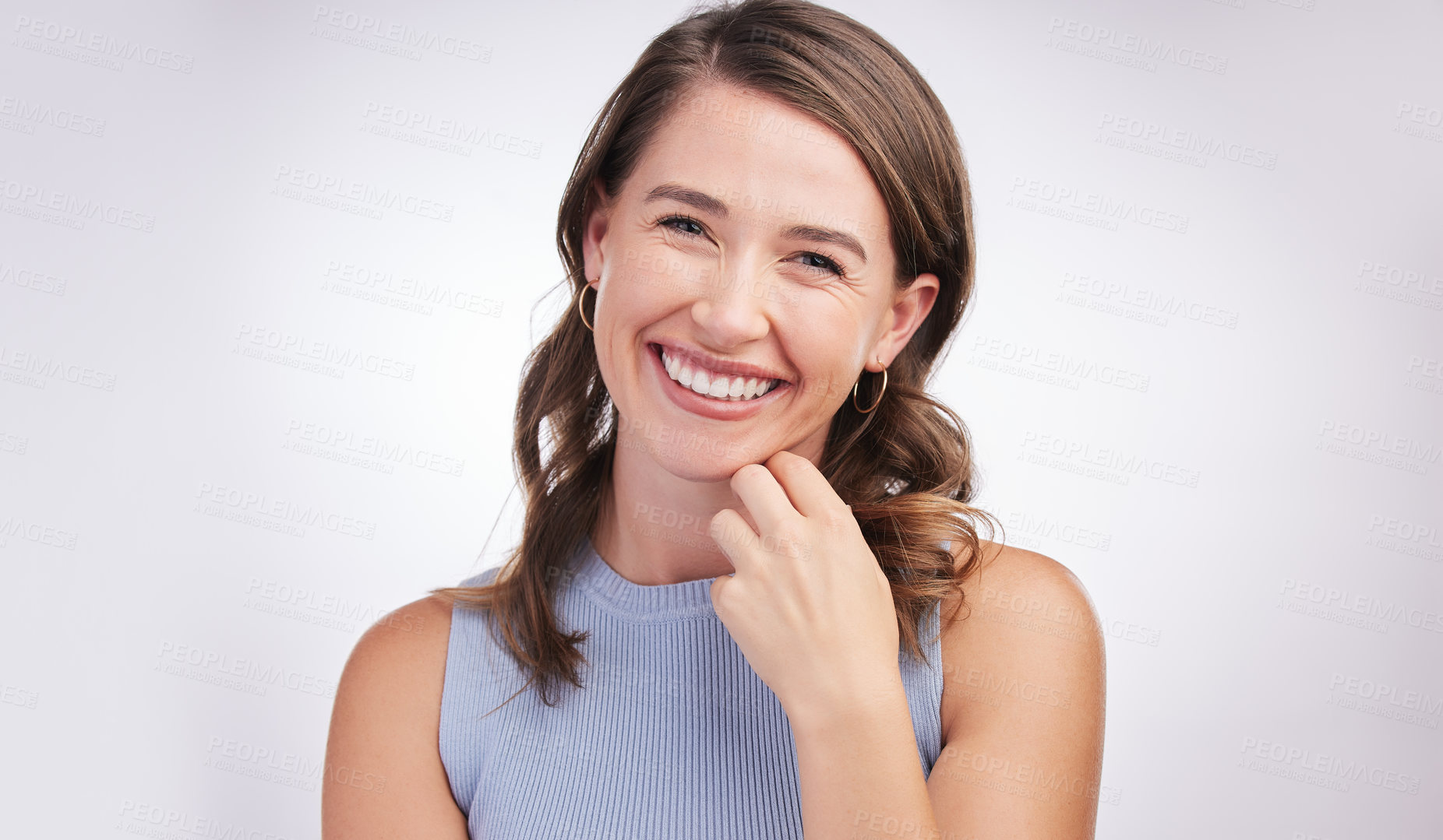 Buy stock photo Woman, laughing and portrait in white studio background with confidence for student, college or university in Canada. Female person, smile or enjoy joke for campus, learn or higher education