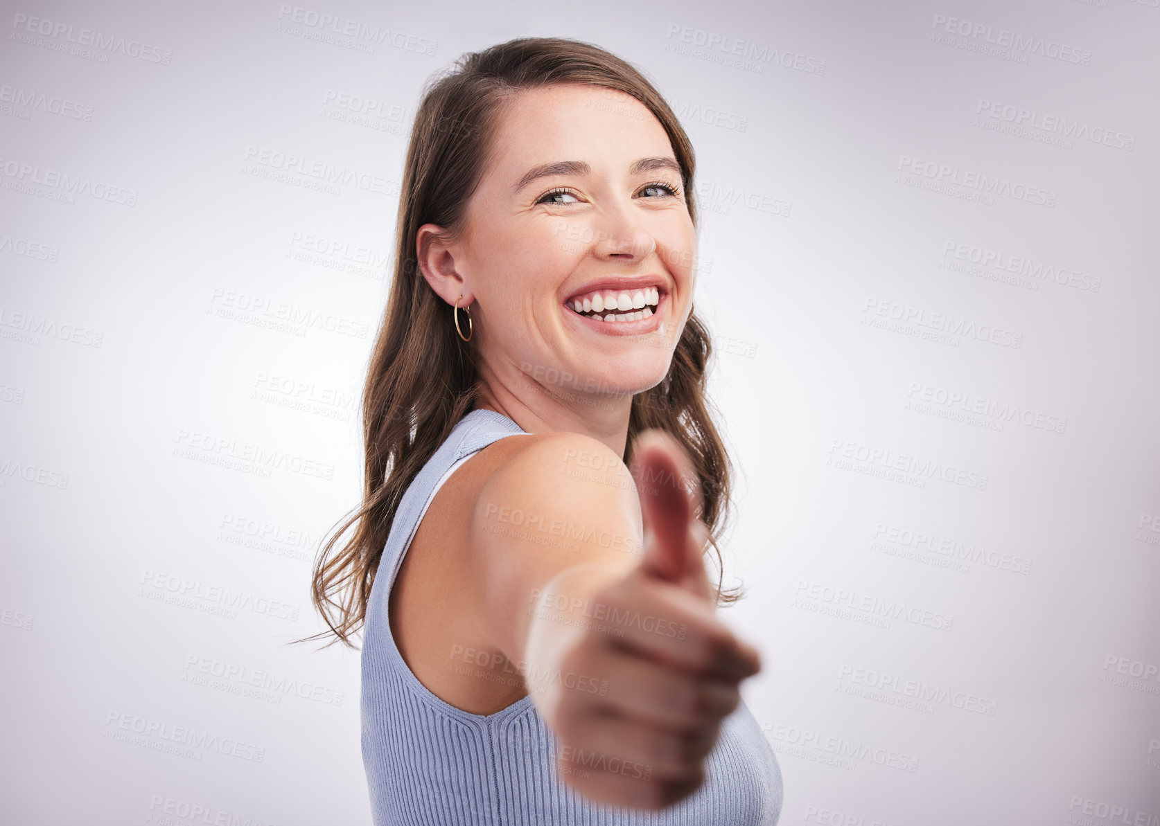 Buy stock photo Thumbs up, smile and portrait of woman in studio mockup with positive attitude. Thank you, agreement and girl with yes hand gesture for success emoji, happy praise and achievement on white background