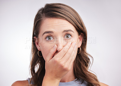 Buy stock photo Woman, studio and speechless with hand in portrait for news, surprise or shock with gossip. Female model or backdrop with fingers on mouth and awe, reaction for announcement or notification or secret