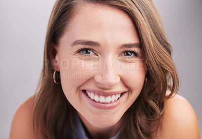 Buy stock photo Laughing, beauty and happy woman in portrait for skincare, glow and cosmetics for confidence in studio. Natural, funny joke or model with pride dermatology results or wellness on black background