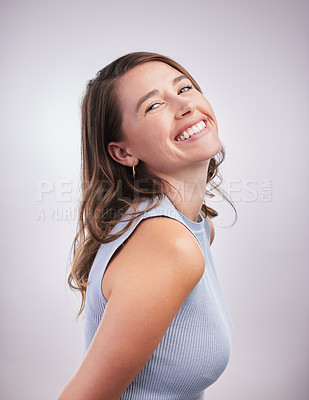 Buy stock photo Woman, studio and portrait with smile, clothes and fashion for aesthetic, confidence and proud. Pink background, happiness and person with joy, style and cool in outfit, mockup space and positive