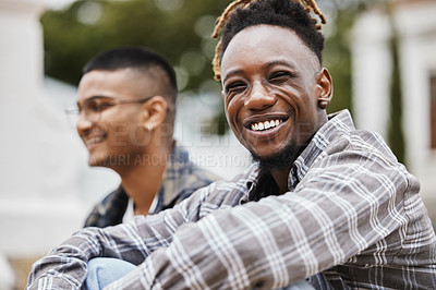Buy stock photo Shot of two young men on campus