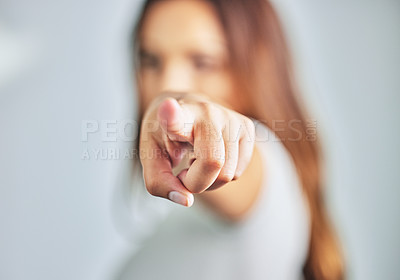 Buy stock photo Finger, woman and pointing for selection, you and choosing option on white background. Female person, direction and hiring for opportunity or decision, gesture and mockup space for offer or hand