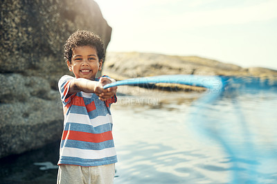 Buy stock photo Shot of a young boy holding a fishing net at the beach