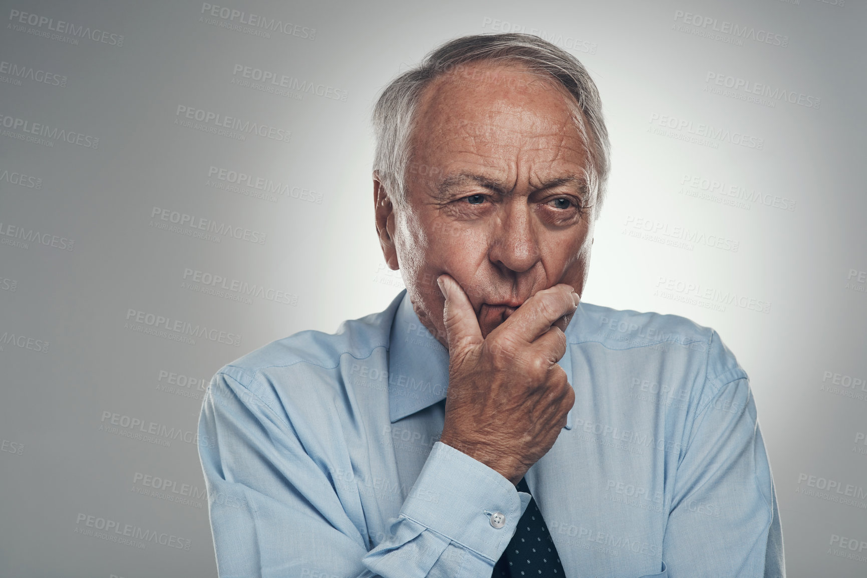 Buy stock photo Serious, CEO and businessman with decision in studio, plan and reflection for financial development. White background, entrepreneur and mature person with investment, mockup space or thinking of idea