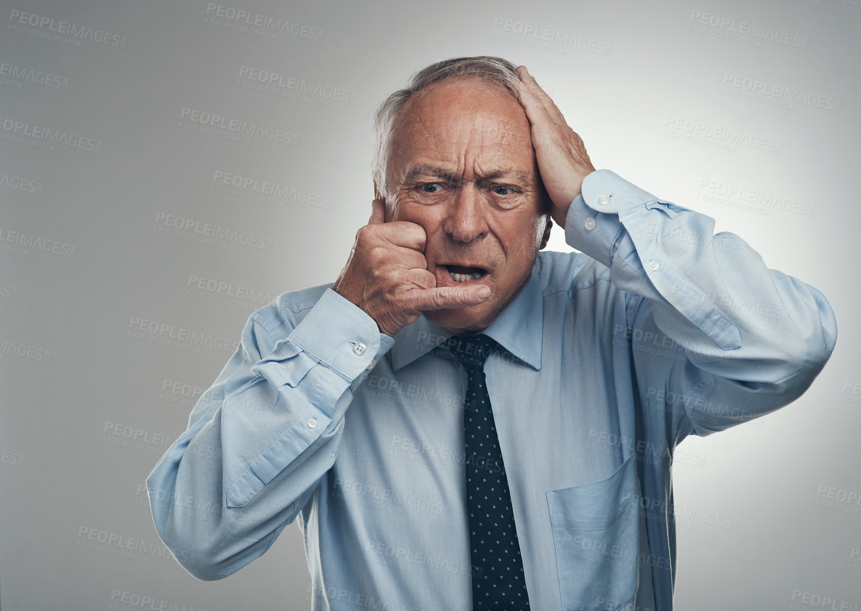 Buy stock photo Bad news, man and phone call with hand gesture in studio for market volatility, plummet and shock. Worry, mature trader and contact emoji on white background for trade loss, disbelief and liquidation